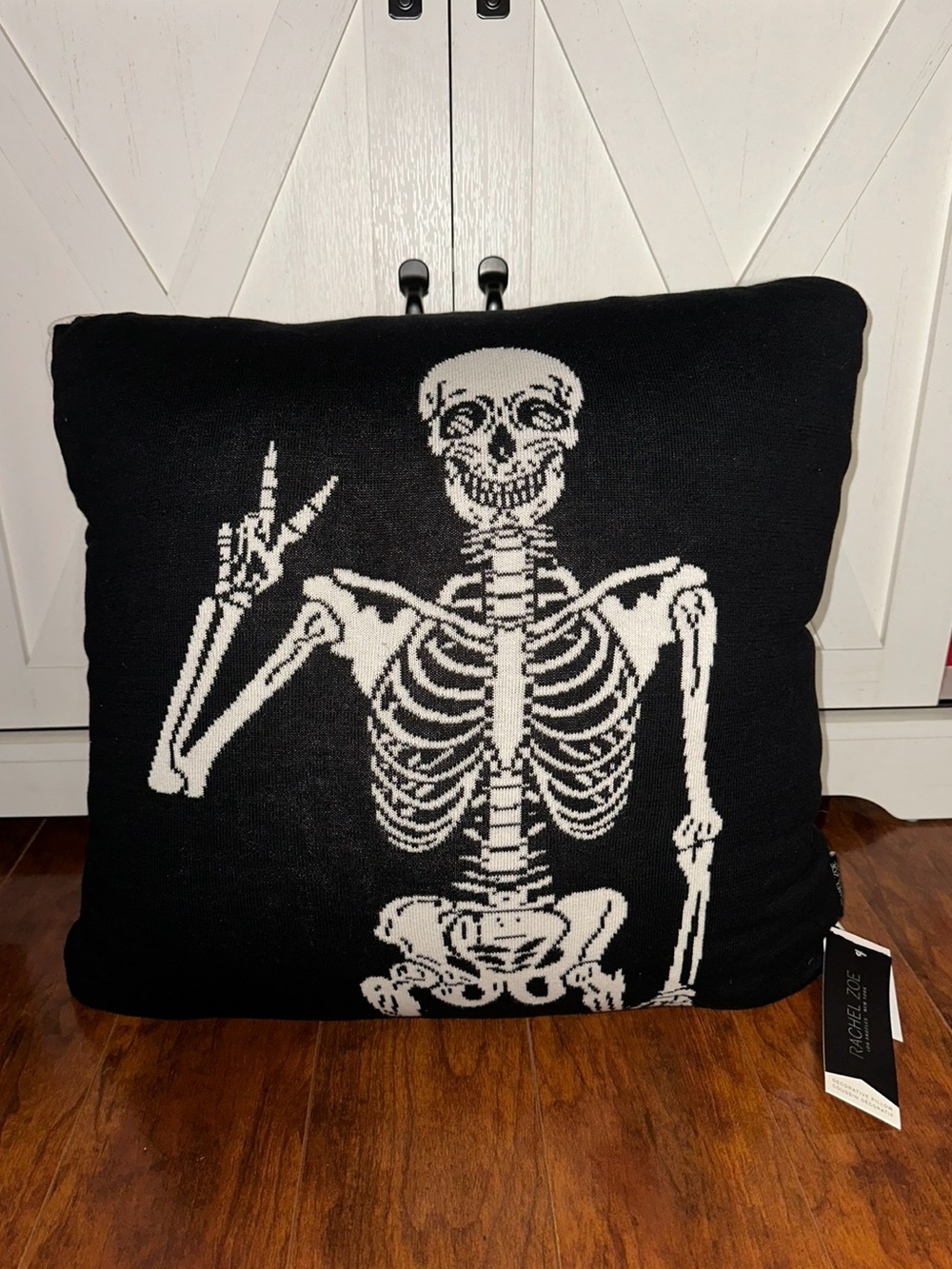 Rachel Zoe Black and White Skeleton Throwing Peace Sign Decorative Pillow